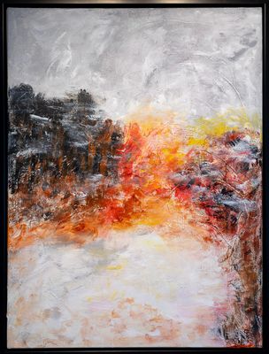 Abstrakt maleri, hvid, brun, rød, orange