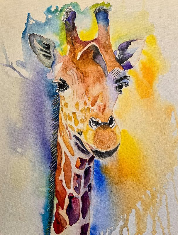 Maleri, Anne-Mette, Så du giraffen, Akvarel på lærred