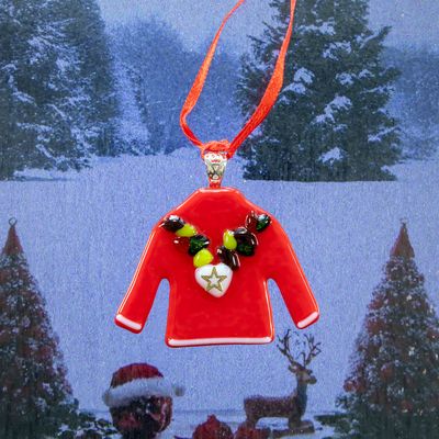 Julesweater, rød med halskæde, til ophæng