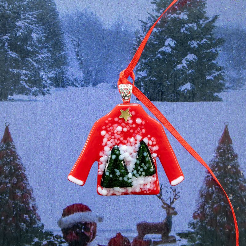 Julesweater, rød med 2 træer og guld stjerne, til ophæng