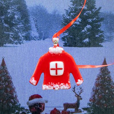 Julesweater, rød med hvid gave, til ophæng