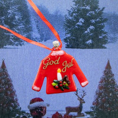 Julesweater, rød med dekoration og guld skrift, til ophæng