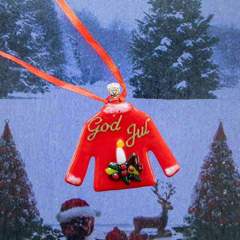 Julesweater, rød med dekoration og guld skrift, til ophæng