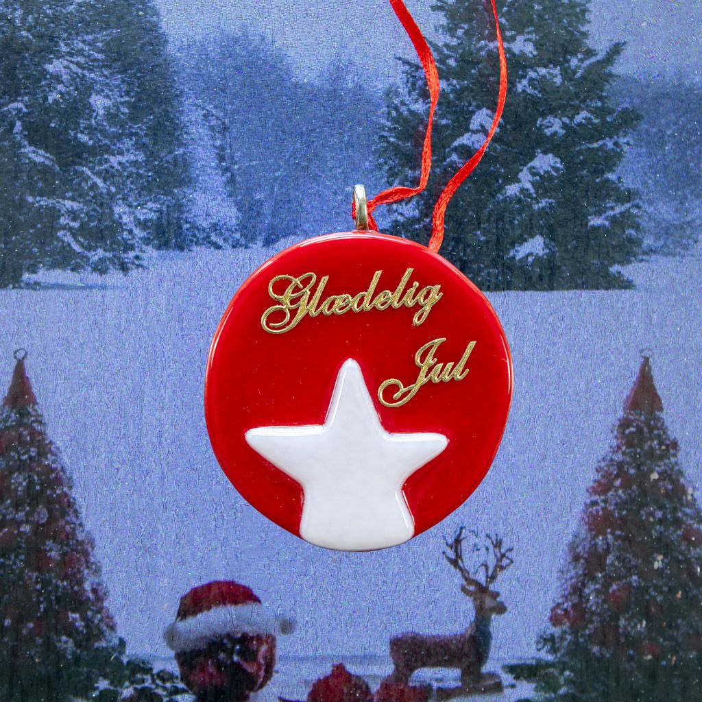 Julekugle, rød med hvid stjerne og guld skrift, til ophæng