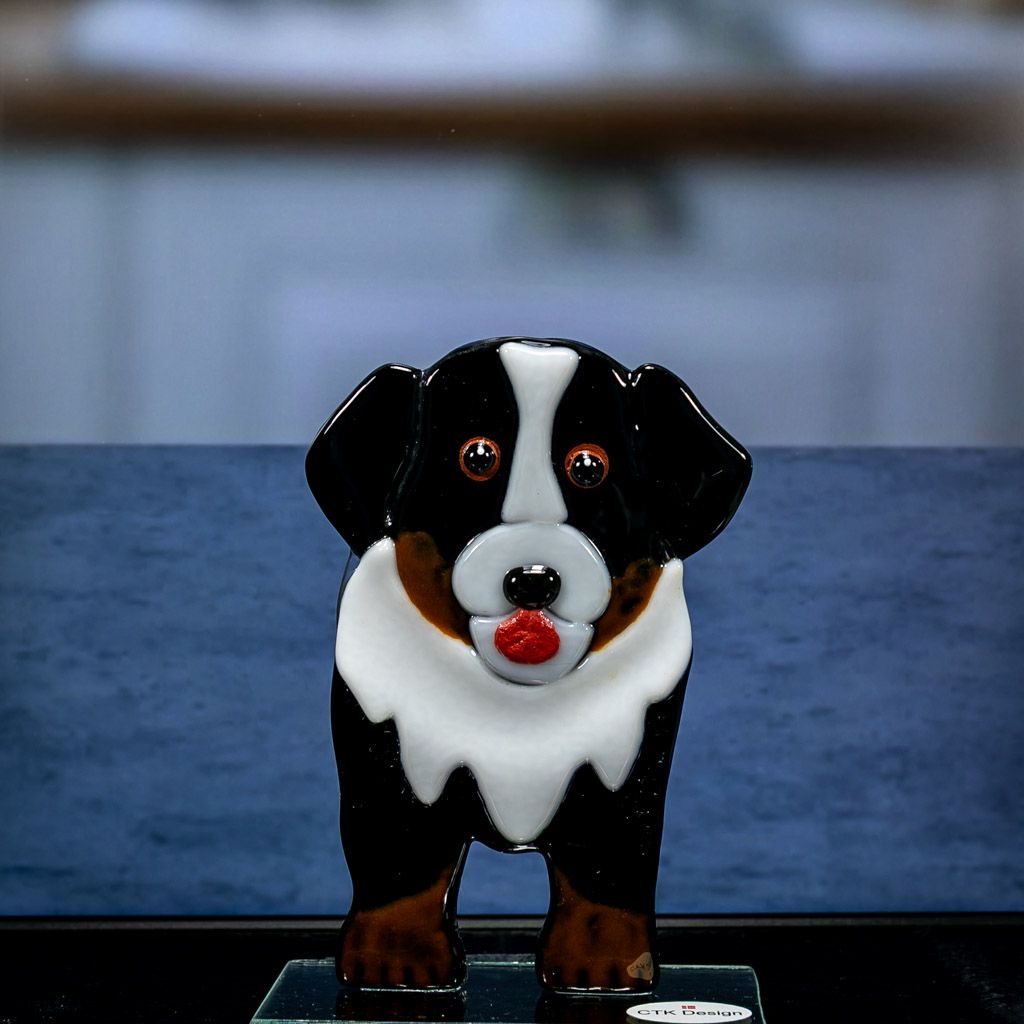 Glasfigur, hund, Berner Sennen, på glasfod