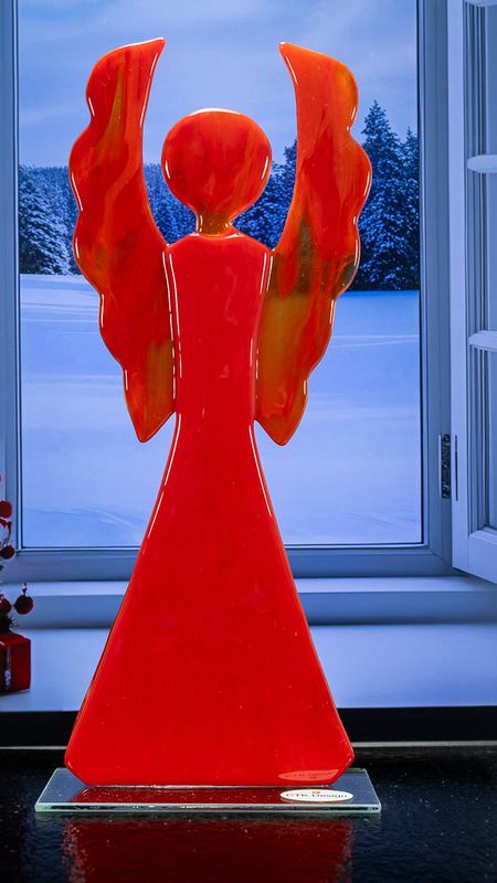 Glasfigur, Stor engel, rød, på glasfod