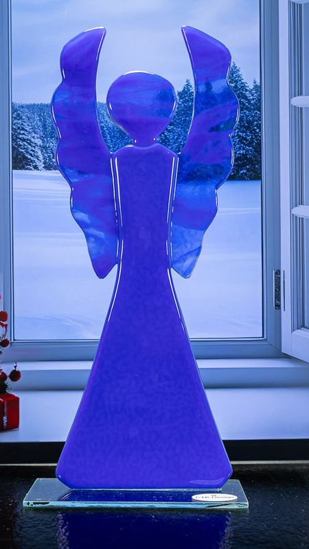 Glasfigur, Stor engel, blå, på glasfod