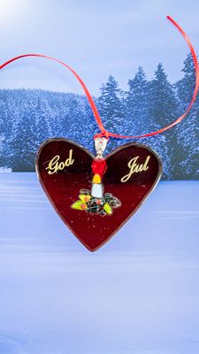Glasfigur, juletræspynt, rødt hjerte i transparent glas, med dekoration, til ophæng Glasfigur, juletræspynt, rødt hjerte i transparent glas, med dekoration, til ophæng