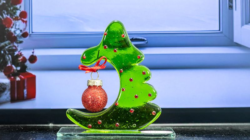 Glasfigur, Juletræ med rød farvet kugle og rød sløjfe, vender mod venstre, på glasfod