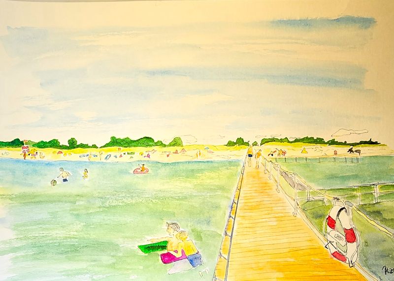 Maleri, Anne-Mette, Marielyst Strand, A3, Akvarel Maleri, Anne-Mette, Marielyst Strand, A3, Akvarel