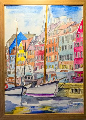 Maleri, Anne-Mette, Parti fra Nyhavn, Akvarel Maleri, Anne-Mette, Parti fra Nyhavn, Akvarel