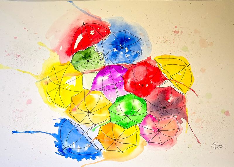 Maleri, Anne-Mette, Paraplyer, A3, Akvarel Maleri, Anne-Mette, Paraplyer, A3, Akvarel