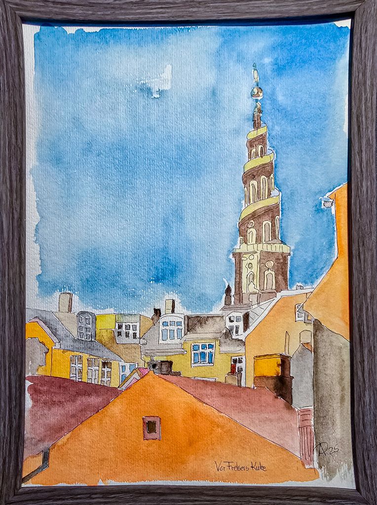 Maleri, Anne-Mette, Vor Frelsers Kirke, Akvarel Maleri, Anne-Mette, Vor Frelsers Kirke, Akvarel