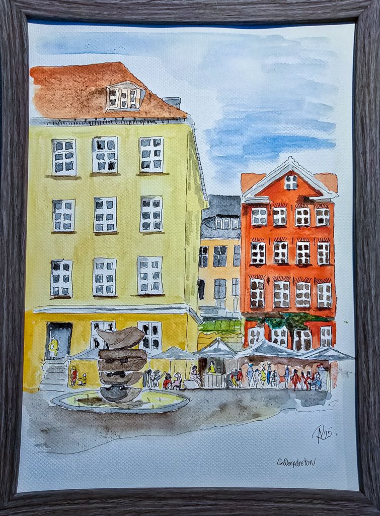 Maleri, Anne-Mette, Gråbrødre Torv, Akvarel Maleri, Anne-Mette, Gråbrødre Torv, Akvarel