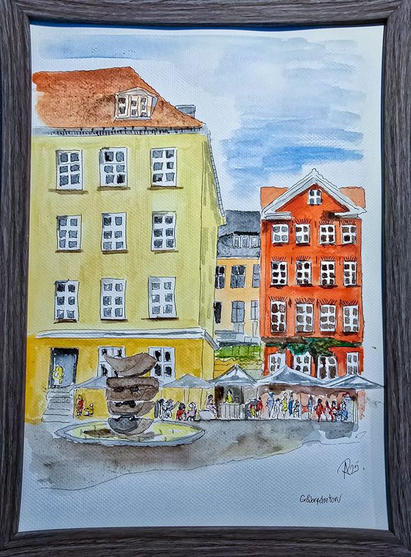 Maleri, Anne-Mette, Gråbrødre Torv, Akvarel Maleri, Anne-Mette, Gråbrødre Torv, Akvarel