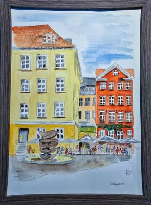 Maleri, Anne-Mette, Gråbrødre Torv, Akvarel Maleri, Anne-Mette, Gråbrødre Torv, Akvarel