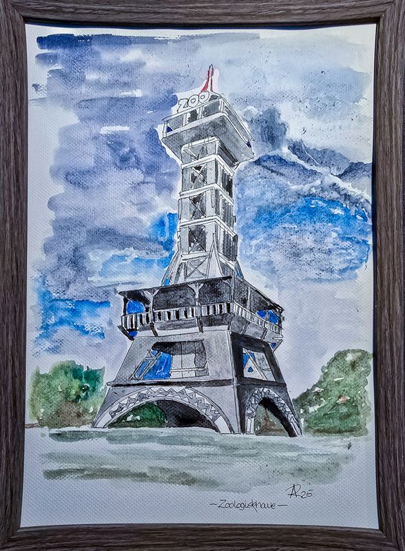 Maleri, Anne-Mette, Eiffeltårnet, Akvarel Maleri, Anne-Mette, Eiffeltårnet, Akvarel