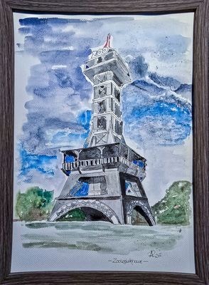 Maleri, Anne-Mette, Eiffeltårnet, Akvarel Maleri, Anne-Mette, Eiffeltårnet, Akvarel