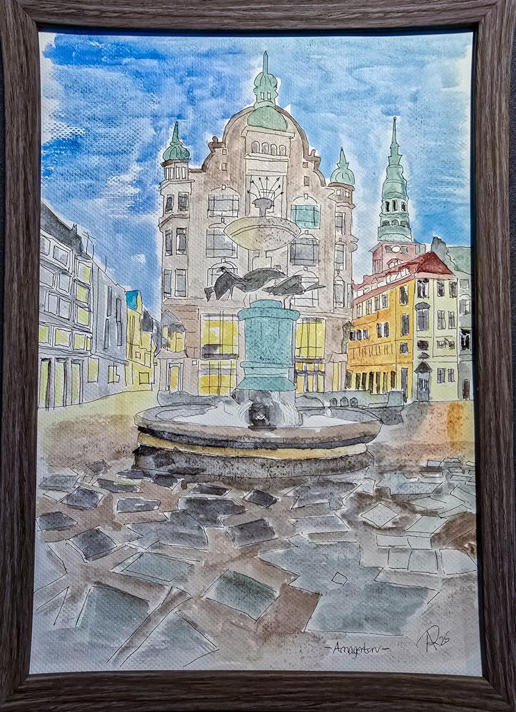 Maleri, Anne-Mette, Storke Springvandet, Akvarel Maleri, Anne-Mette, Storke Springvandet, Akvarel