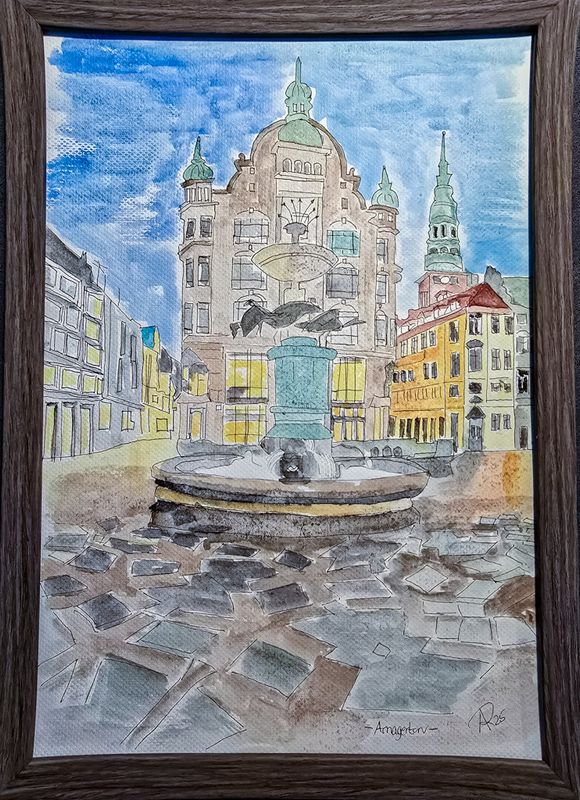 Maleri, Anne-Mette, Storke Springvandet, Akvarel Maleri, Anne-Mette, Storke Springvandet, Akvarel