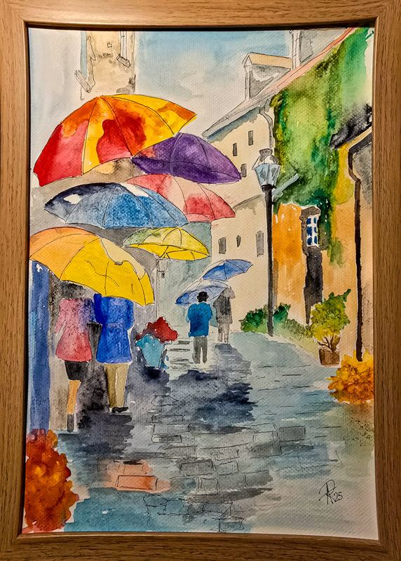 Maleri, Anne-Mette, Sydlandsk regnvejrsdag, Akvarel Maleri, Anne-Mette, Sydlandsk regnvejrsdag, Akvarel