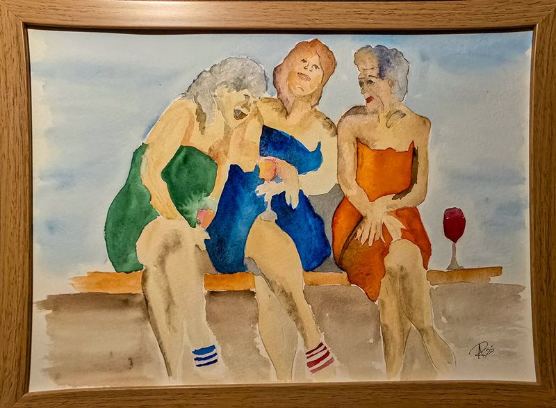 Maleri, Anne-Mette, Badenymfer, Akvarel Maleri, Anne-Mette, Badenymfer, Akvarel