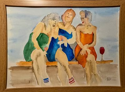 Maleri, Anne-Mette, Badenymfer, Akvarel Maleri, Anne-Mette, Badenymfer, Akvarel