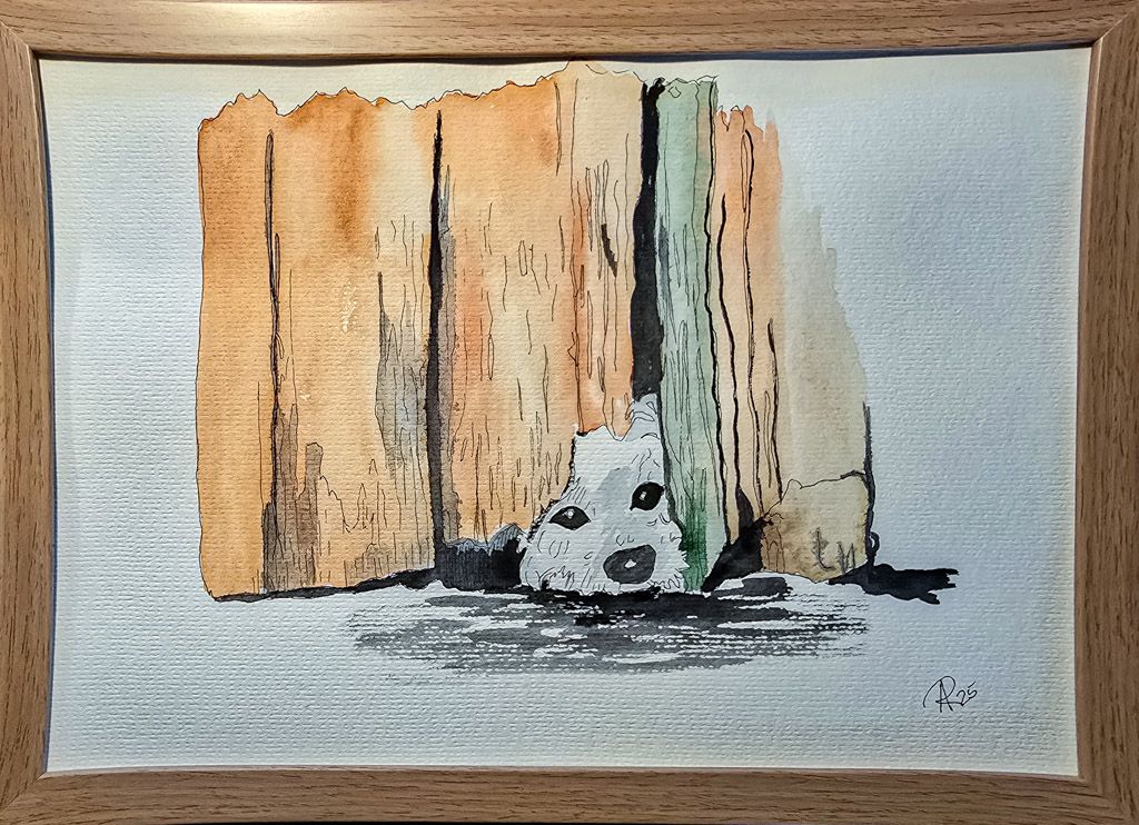 Maleri, Anne-Mette, Glimt af Nysgerrighed, Akvarel Maleri, Anne-Mette, Glimt af Nysgerrighed, Akvarel