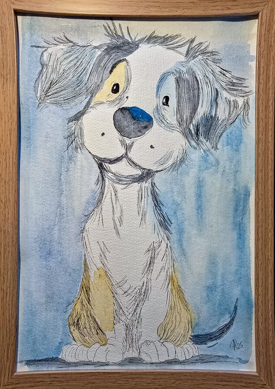 Maleri, Anne-Mette, “Venlig Snude” – Akvarel af glad hund Maleri, Anne-Mette, “Venlig Snude” – Akvarel af glad hund