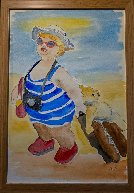 Maleri, Anne-Mette, “Sommerglæde” – Akvarel af feriekvinde på stranden, Akvarel Maleri, Anne-Mette, “Sommerglæde” – Akvarel af feriekvinde på stranden, Akvarel