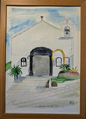 Maleri, Anne-Mette, “Ermita De San Telmo” – Akvarel af kirke på Tenerife Maleri, Anne-Mette, “Ermita De San Telmo” – Akvarel af kirke på Tenerife