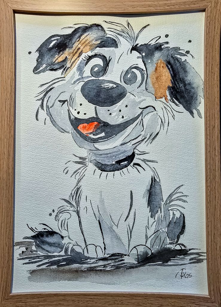 Maleri, Anne-Mette, Legesyg – livlig akvarel af hund Maleri, Anne-Mette, Legesyg – livlig akvarel af hund