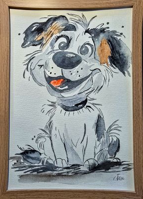 Maleri, Anne-Mette, Legesyg – livlig akvarel af hund Maleri, Anne-Mette, Legesyg – livlig akvarel af hund