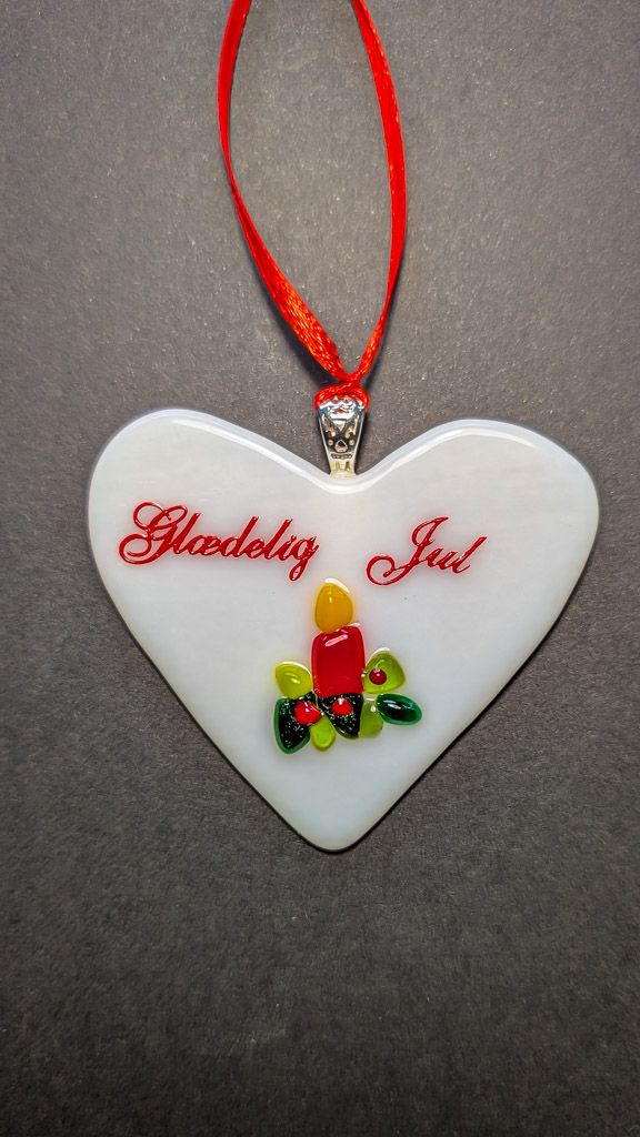 Glasfigur, juletræspynt, Julelys – Hjerte med Glasfigur, juletræspynt, Julelys – Hjerte med "Glædelig Jul"