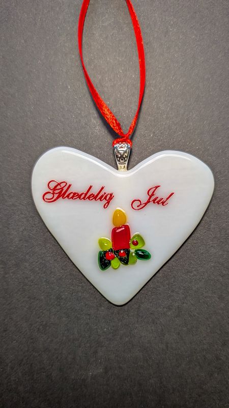 Glasfigur, juletræspynt, Julelys – Hjerte med "Glædelig Jul"