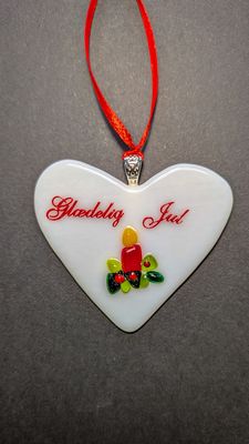 Glasfigur, juletræspynt, Julelys – Hjerte med Glasfigur, juletræspynt, Julelys – Hjerte med "Glædelig Jul"