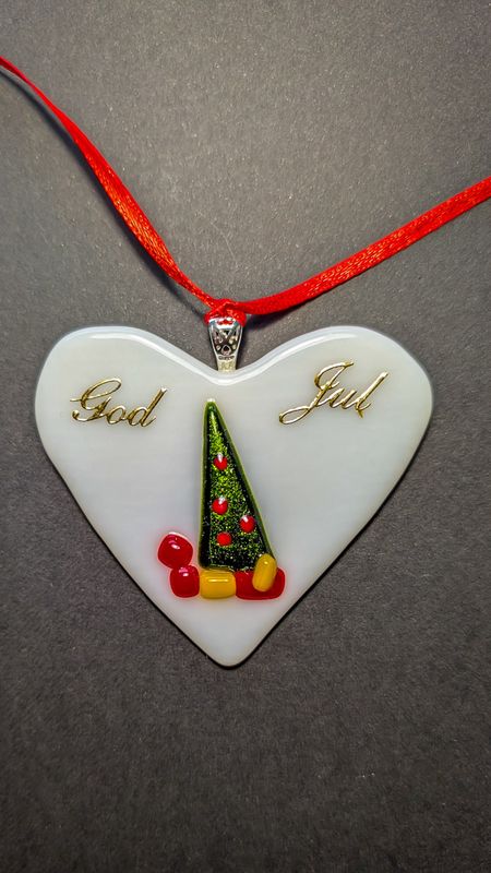 Glasfigur, juletræspynt, Juletræshjerte – God Jul