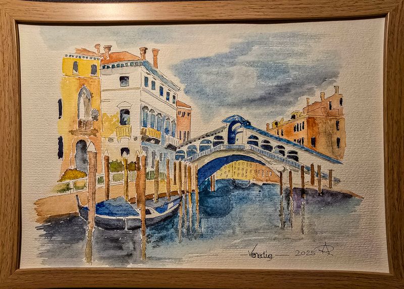 Maleri, Anne-Mette, Akvarel, Rialtobroen i Venedig Maleri, Anne-Mette, Akvarel, Rialtobroen i Venedig