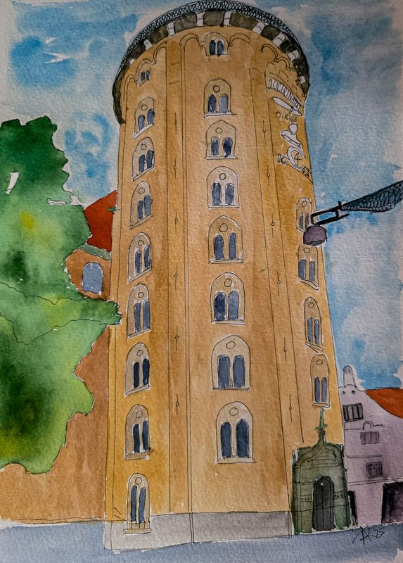 Maleri, Anne-Mette, Akvarel, Rundetårn Maleri, Anne-Mette, Akvarel, Rundetårn