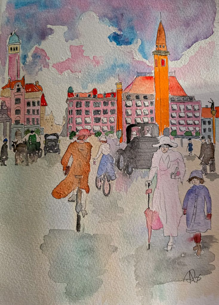 Maleri, Anne-Mette, Akvarel, Bylivet på Rådhuspladsen Maleri, Anne-Mette, Akvarel, Bylivet på Rådhuspladsen