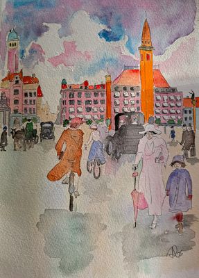 Maleri, Anne-Mette, Akvarel, Bylivet på Rådhuspladsen Maleri, Anne-Mette, Akvarel, Bylivet på Rådhuspladsen