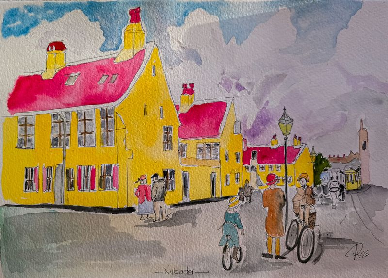 Maleri, Anne-Mette, Akvarel, Nyboder – Sol og Stilhed Maleri, Anne-Mette, Akvarel, Nyboder – Sol og Stilhed