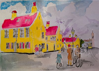 Maleri, Anne-Mette, Akvarel, Nyboder – Sol og Stilhed Maleri, Anne-Mette, Akvarel, Nyboder – Sol og Stilhed