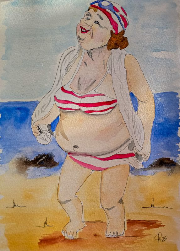 Maleri, Anne-Mette, Akvarel, Stranddamen Maleri, Anne-Mette, Akvarel, Stranddamen