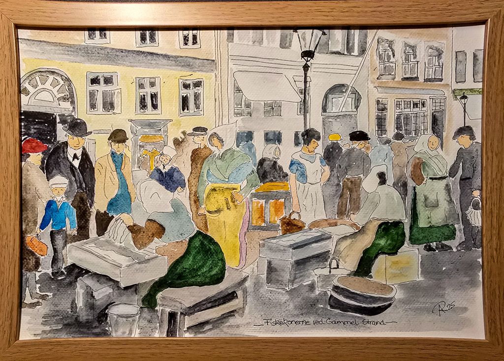 Maleri, Anne-Mette, Akvarel, Fiskekonerne ved Gammel Strand Maleri, Anne-Mette, Akvarel, Fiskekonerne ved Gammel Strand