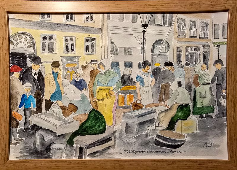 Maleri, Anne-Mette, Akvarel, Fiskekonerne ved Gammel Strand Maleri, Anne-Mette, Akvarel, Fiskekonerne ved Gammel Strand