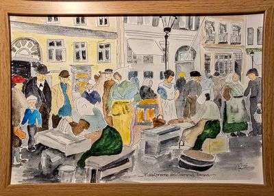 Maleri, Anne-Mette, Akvarel, Fiskekonerne ved Gammel Strand Maleri, Anne-Mette, Akvarel, Fiskekonerne ved Gammel Strand