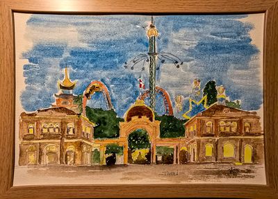 Maleri, Anne-Mette, Akvarel, Tivoli i Aftenlys Maleri, Anne-Mette, Akvarel, Tivoli i Aftenlys