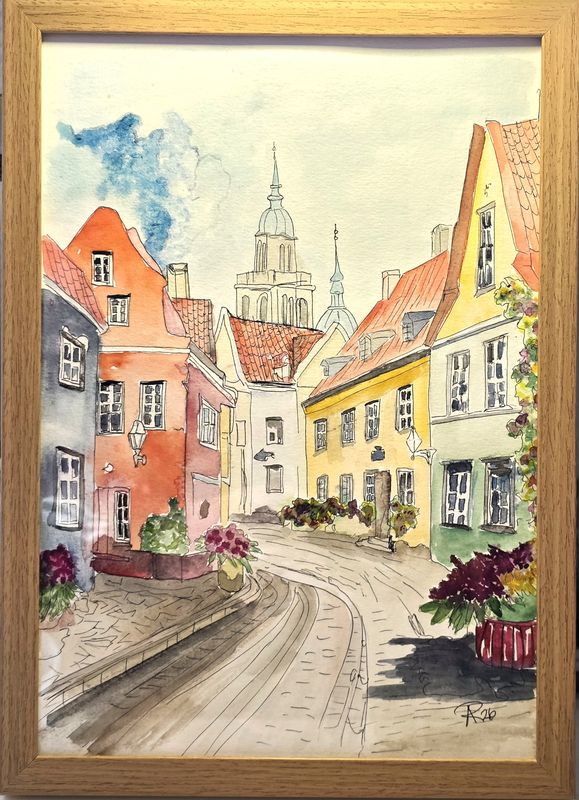 Maleri, Anne-Mette, Akvarel, Stille gade i gyldent lys