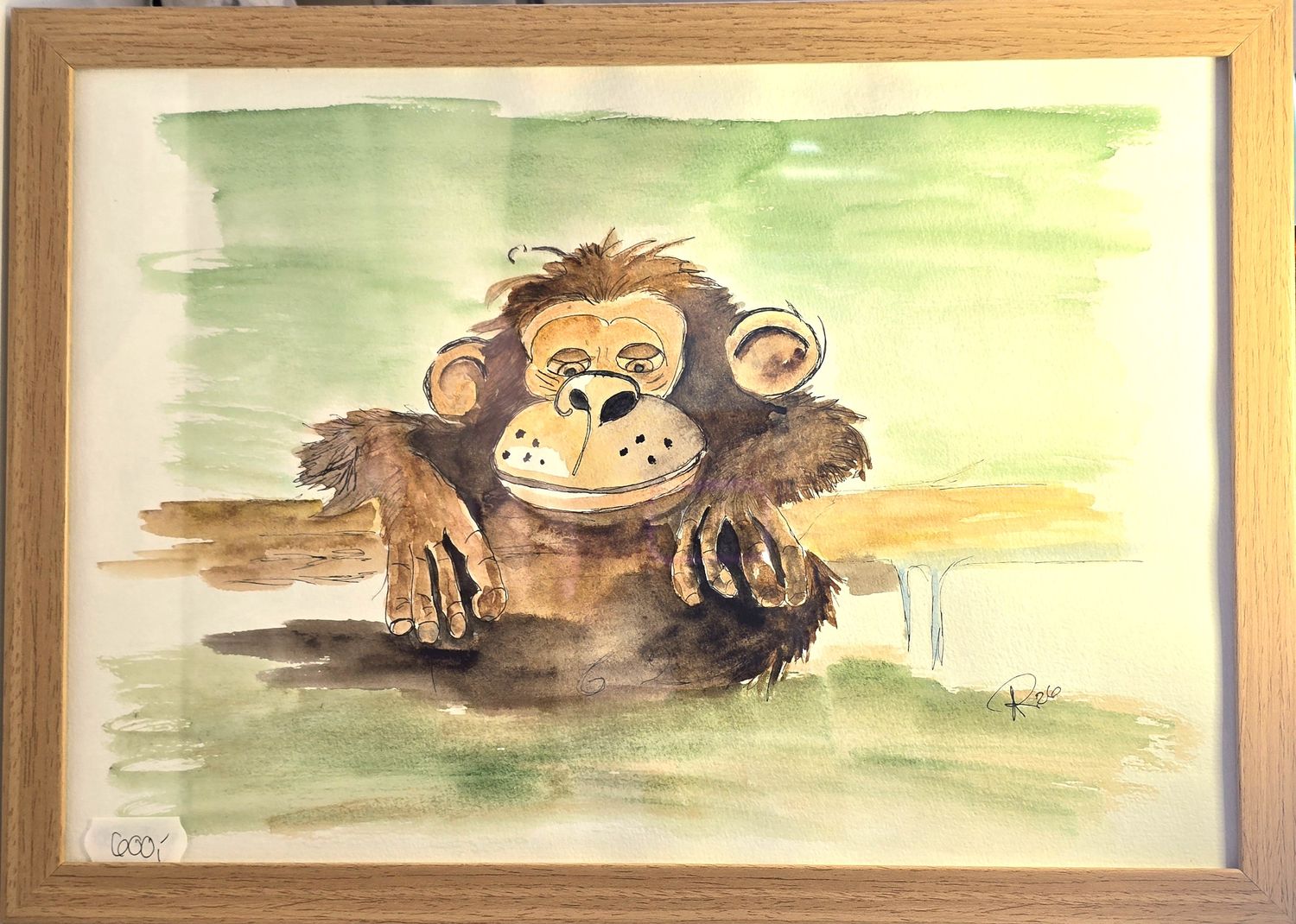 Maleri, Anne-Mette, Akvarel, Den eftertænksomme abe Maleri, Anne-Mette, Akvarel, Den eftertænksomme abe